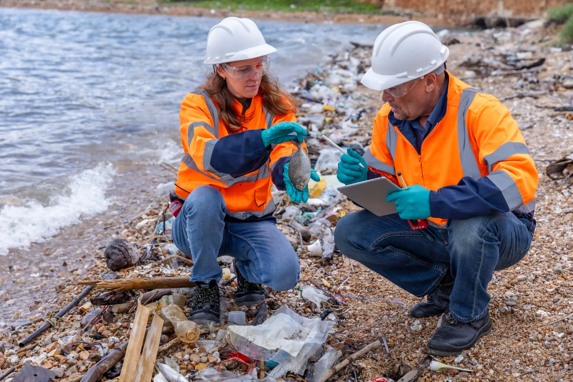 Two environmental workers in safety gear analyzing water samples