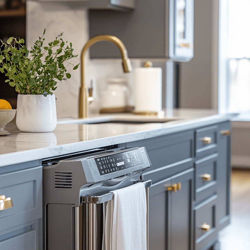 Beautiful clean kitchen with spotless dishwasher and fixtures — the result of soft water from a water softener