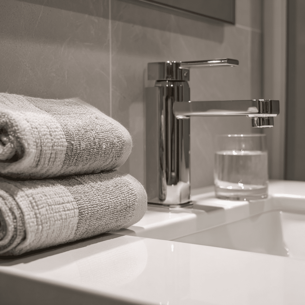 Minimalist bathroom vanity with spotless chrome fixtures — no hard water scale or mineral buildup