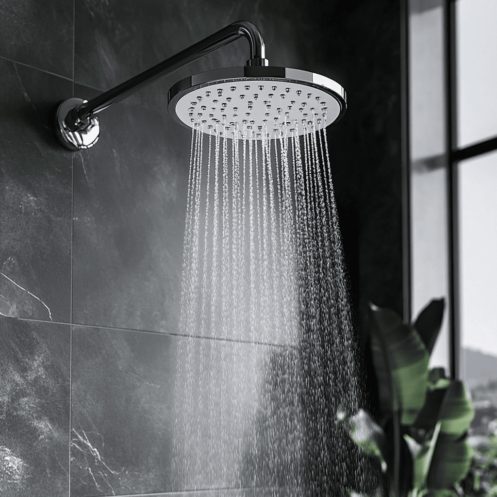 Clean shower head with strong full water flow — soft water from a water softener keeps fixtures free of scale and buildup